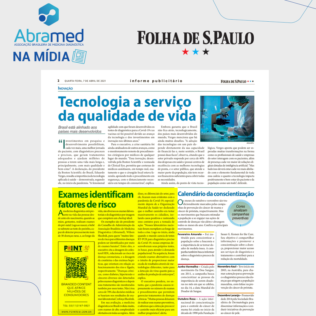 Abramed fala sobre importância dos exames em caderno especial Saúde na Folha de S. Paulo