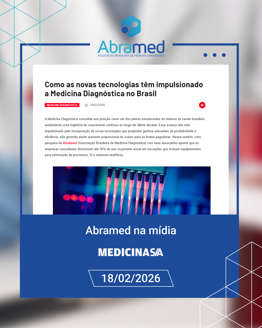 Abramed analisa avanço tecnológico e perspectivas da Medicina Diagnóstica em 2026 em matéria do site Medicina S/A