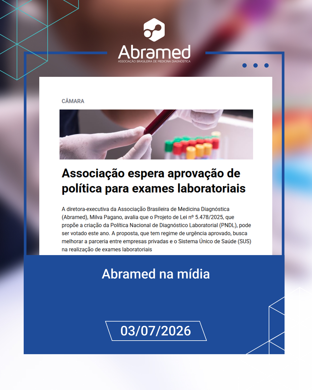 Abramed participa de publicação do JOTA sobre avanço da Política Nacional de Diagnóstico Laboratorial 